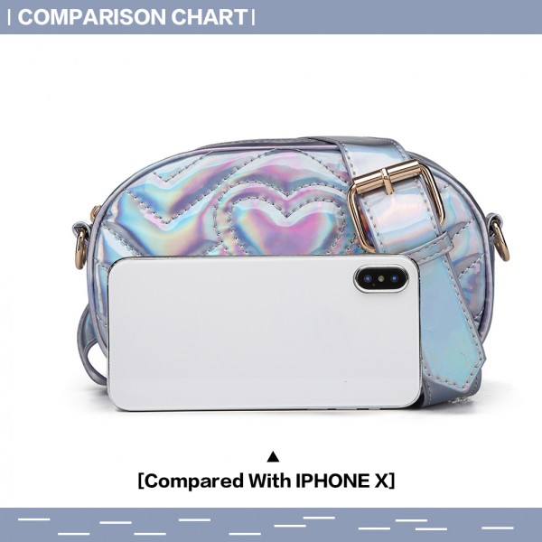 LH6834 - Miss Lulu Quilted Heart and Chevron Cross Body and Bum Bag - Iridescent Light Blue